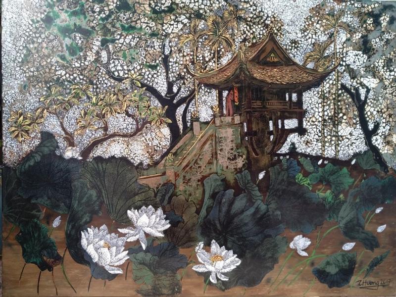 Tác phẩm sơn mài tái hiện vẻ đẹp cổ kính của Chùa Một Cột giữa đầm sen ngát hương.