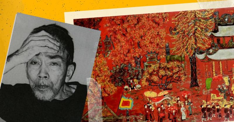 Chân dung bậc thầy Nguyễn Gia Trí và một tác phẩm sơn mài mang phong cách cung đình đặc trưng.