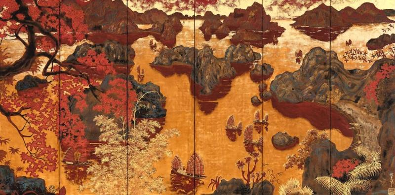 Bức tranh phong cảnh Vịnh Hạ Long với không gian rộng lớn và màu sắc hài hòa của họa sĩ Phạm Hậu.