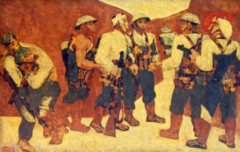 Phong cách hình khối mạnh mẽ và chiều sâu nội dung trong một tác phẩm về đề tài kháng chiến của Nguyễn Sáng.