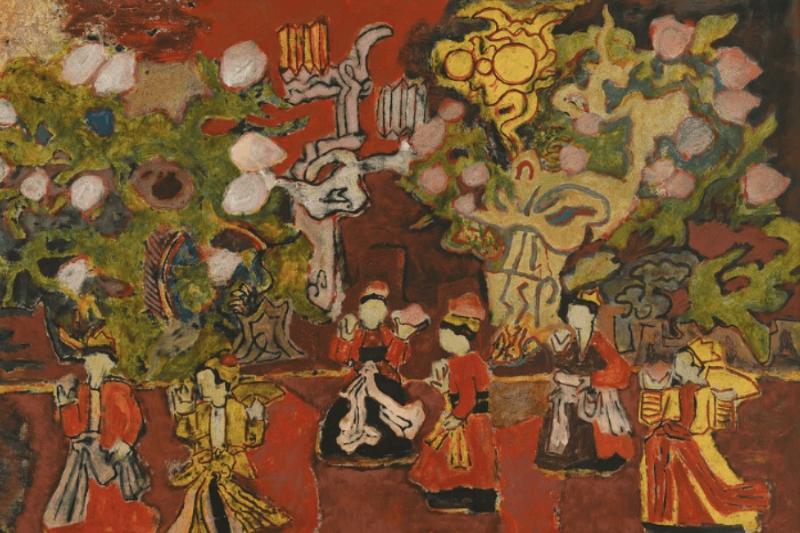 Họa tiết múa cổ dân gian được Nguyễn Tư Nghiêm làm mới qua ngôn ngữ hội họa sơn mài độc đáo.