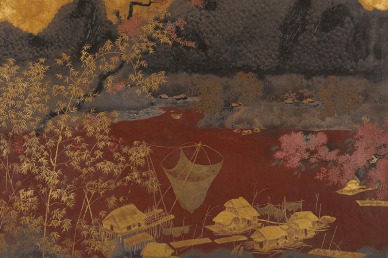 Vẻ đẹp trữ tình và sâu lắng trong một tác phẩm sơn mài về đề tài nông thôn của họa sĩ Lê Quốc Lộc.