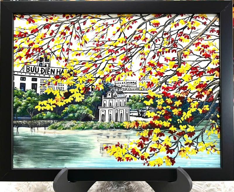 200 + Mẫu tranh sơn mài Hồ Gươm mang giá trị thẩm mỹ cao 4 Tranh sơn mài Hồ Gươm dát vàng