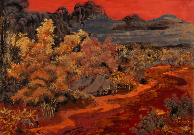 Tranh sơn mài phong cảnh làng quê của họa sĩ Phạm Hậu