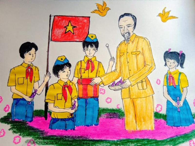 Tranh tô Bác Hồ đứng với cờ đỏ sao vàng