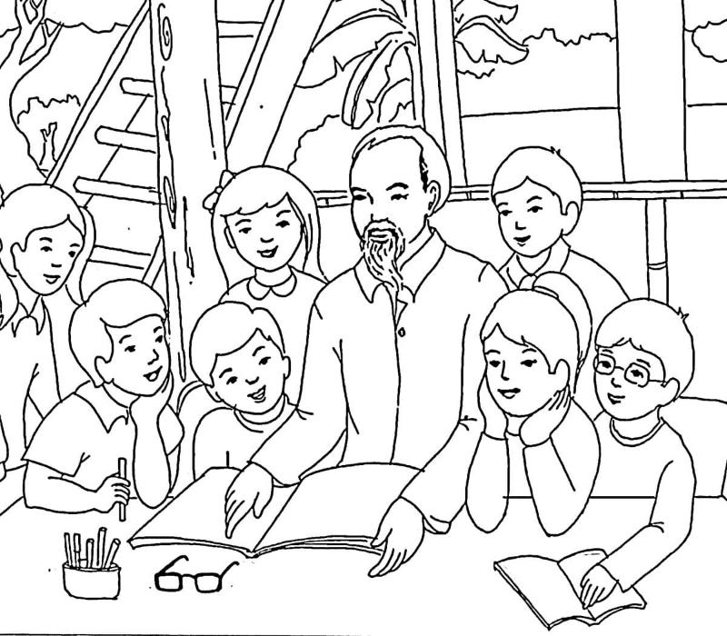 Tranh tô màu Bác Hồ ngồi đọc sách