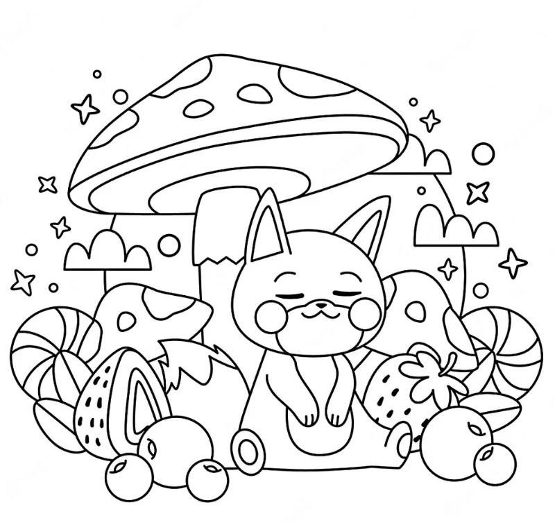 Tranh tô màu cây nấm kết hợp với cảnh thiên nhiên