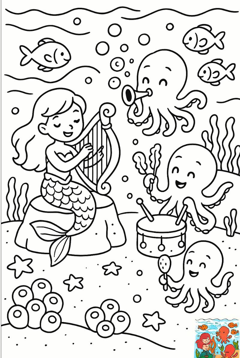 Tranh tô màu nàng tiên cá đẹp,dễ thương cho bé 7 Tranh tô nàng tiên cá trong biển cùng với các vi sinh vật dưới biển