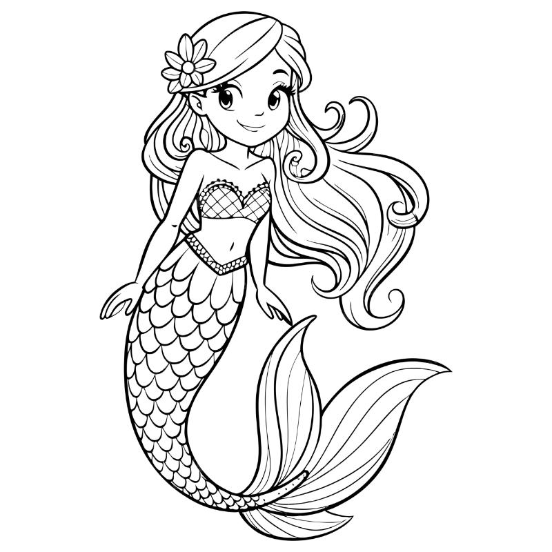 Tranh tô màu nàng tiên cá đẹp,dễ thương cho bé 10 Tranh tô màu nàng tiên cá với mái tóc xoăn bay