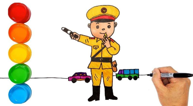 Vẽ chú công an đang hướng dẫn qua đường