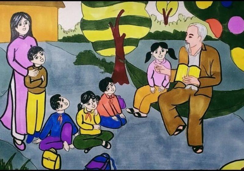Hướng dẫn cách vẽ tranh Bác Hồ và thiếu nhi đẹp và đơn giản 11 Hình ảnh Bác Hồ và cô giáo đang truyền đạt kiến thức và tình yêu thương cho thế hệ mầm non của đất nước.