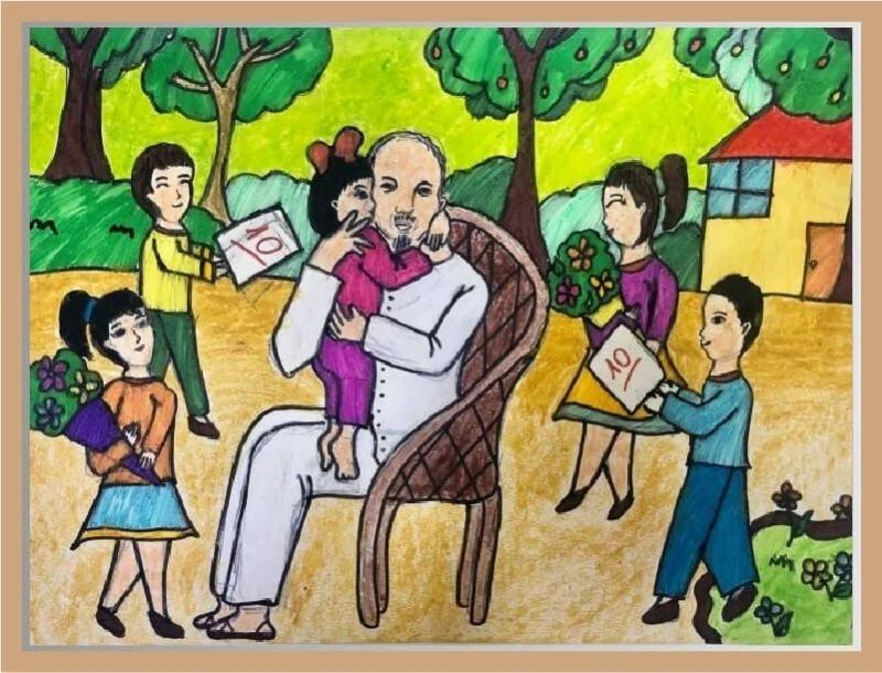 Hướng dẫn cách vẽ tranh Bác Hồ và thiếu nhi đẹp và đơn giản 12 Tranh vẽ hoạt động thăm lớp học, thể hiện sự quan tâm sâu sắc của Bác Hồ đối với sự nghiệp giáo dục và học sinh.