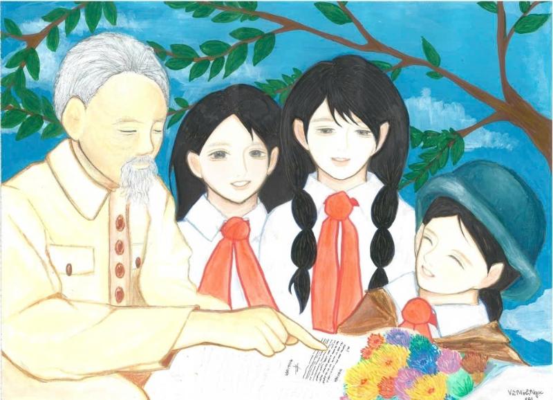 Hướng dẫn cách vẽ tranh Bác Hồ và thiếu nhi đẹp và đơn giản 15 Tranh vẽ cận cảnh Bác Hồ ân cần chỉ dẫn, dạy bảo các cháu thiếu nhi, thể hiện sự quan tâm đến việc học tập của trẻ.