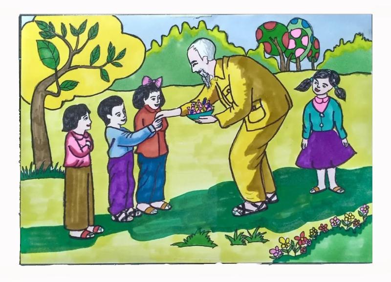 Hướng dẫn cách vẽ tranh Bác Hồ và thiếu nhi đẹp và đơn giản 16 Khoảnh khắc Bác Hồ tặng quà cho thiếu nhi, thể hiện sự nhân ái, gần gũi và tấm lòng yêu thương vô bờ bến.