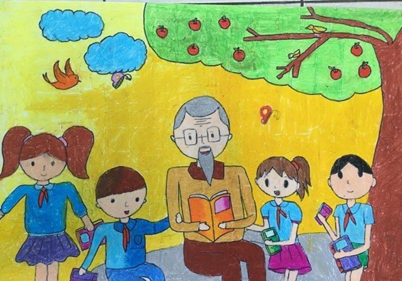 Hướng dẫn cách vẽ tranh Bác Hồ và thiếu nhi đẹp và đơn giản 5 Phong cách màu sáp đơn giản, tập trung khắc họa khoảnh khắc Bác Hồ kể chuyện hoặc đọc sách cho các em nghe dưới bóng cây.