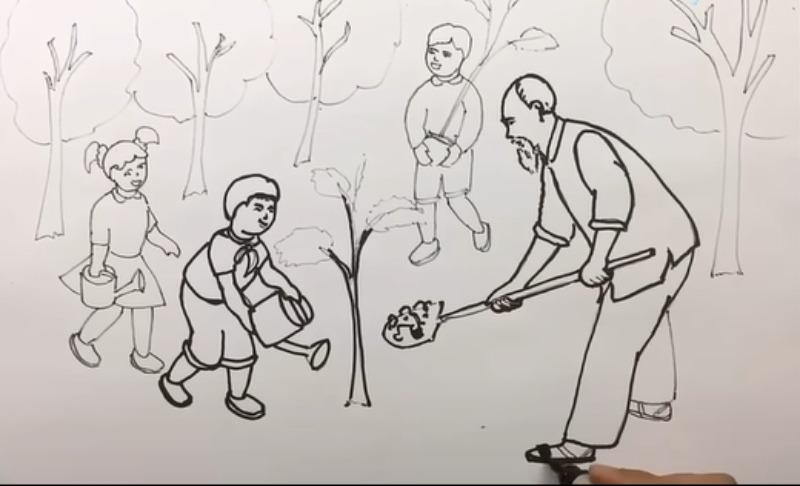 Hướng dẫn cách vẽ tranh Bác Hồ và thiếu nhi đẹp và đơn giản 6 Tranh ký họa nét chì thể hiện ý tưởng Bác Hồ cùng thiếu nhi trồng cây, lan tỏa tinh thần yêu lao động và bảo vệ môi trường.