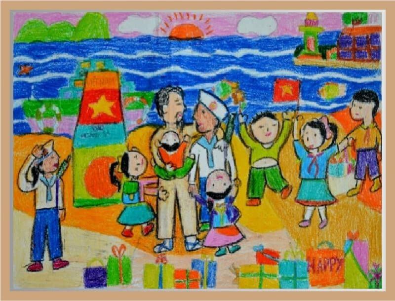 Hướng dẫn cách vẽ tranh Bác Hồ và thiếu nhi đẹp và đơn giản 9 Sáng tạo với ý tưởng Bác Hồ đến thăm và tặng quà cho các cháu thiếu nhi ở vùng biển đảo, thể hiện tình yêu thương bao la.