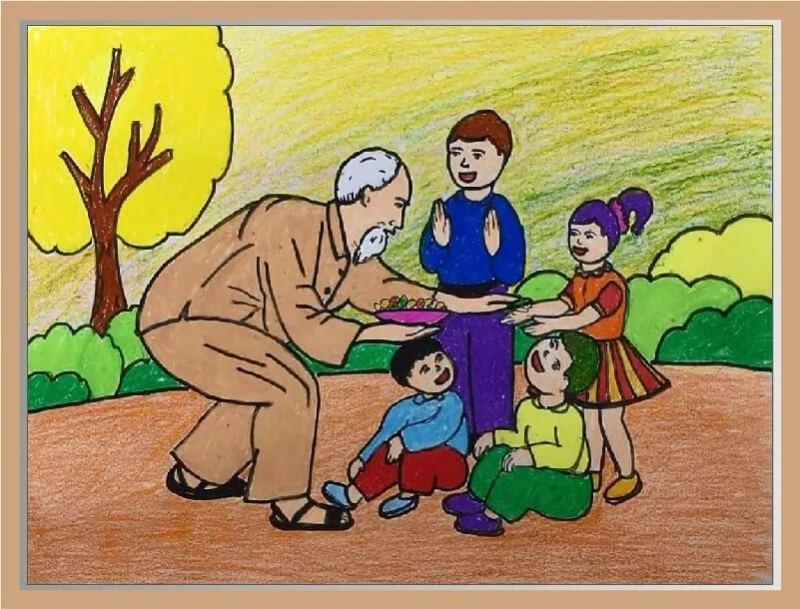 Hướng dẫn cách vẽ tranh Bác Hồ và thiếu nhi đẹp và đơn giản 10 Mẫu tranh đơn giản, ấm áp, ghi lại khoảnh khắc Bác Hồ chia sẻ niềm vui và quà bánh với các cháu thiếu nhi.