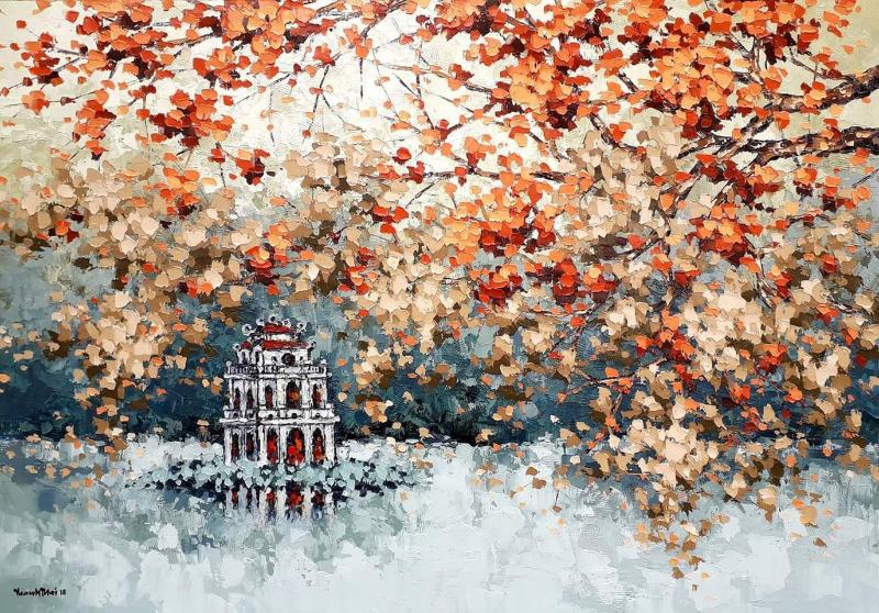 Vẻ đẹp thơ mộng của Tháp Rùa hiện lên lung linh qua những nhành lá thu.