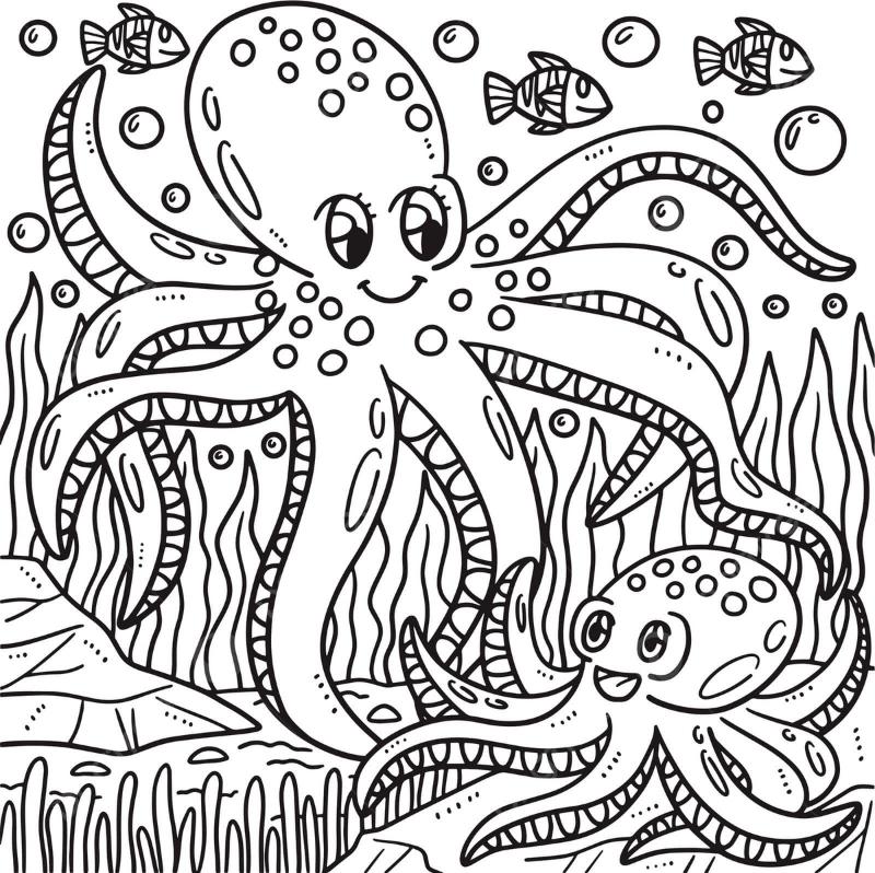 Tranh tô màu bạch tuộc – Giúp bé sáng tạo mỗi ngày 13 pngtree mother octopus and baby octopus coloring page colouring page mothers day png image 12873546