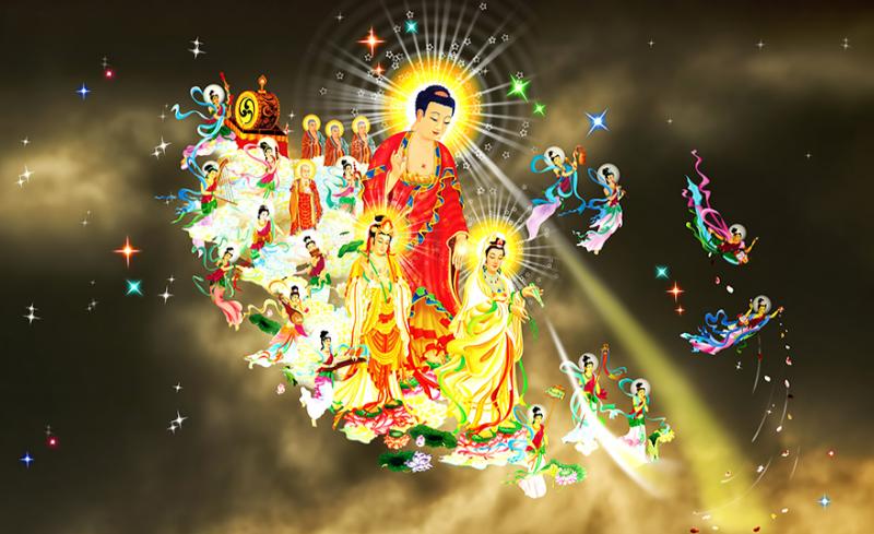 Tranh Tây Phương Tiếp Dẫn: Ý nghĩa, cách chọn và vị trí treo 5 Một mẫu tranh Tây Phương Tiếp Dẫn đẹp, thể hiện trọn vẹn bố cục Tây Phương Tam Thánh