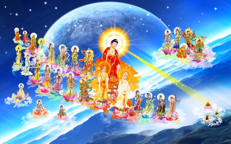 Tranh Tây Phương Tiếp Dẫn: Ý nghĩa, cách chọn và vị trí treo 14 Tranh Tây Phương Tiếp Dẫn với đường nét chuẩn mực, bố cục đúng kinh điển Tịnh độ tông