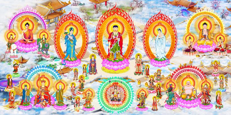 Tranh Tây Phương Tiếp Dẫn: Ý nghĩa, cách chọn và vị trí treo 6 Bố cục tranh Tây Phương Tiếp Dẫn mở rộng, thường thể hiện Phật A Di Đà cùng nhiều vị Thánh chúng