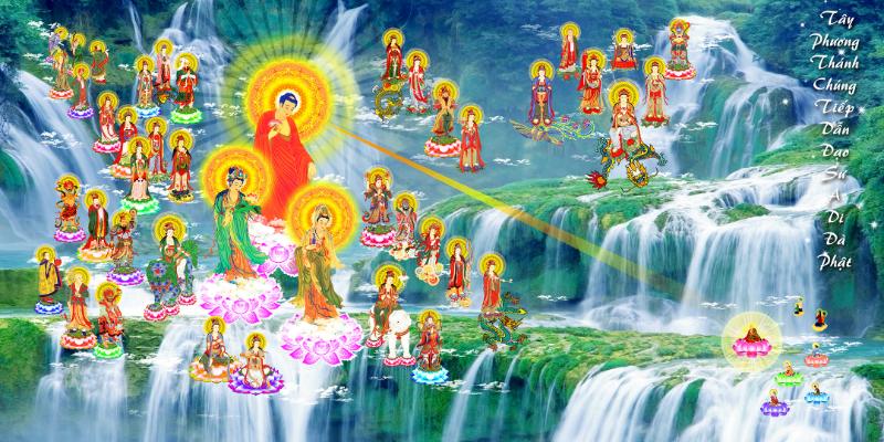 Tranh Tây Phương Tiếp Dẫn: Ý nghĩa, cách chọn và vị trí treo 8 Hình ảnh Tây Phương Tam Thánh được thiết kế với màu sắc trang nghiêm, giúp không gian tu tập thanh tịnh