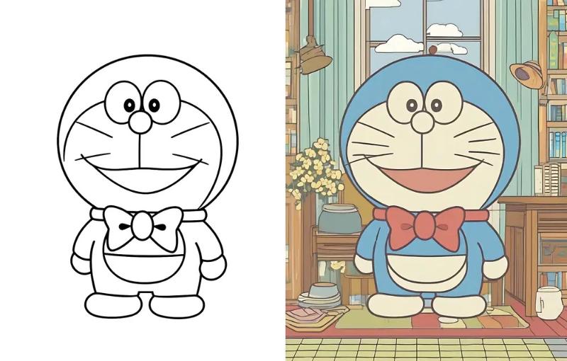 Tranh tô màu Doremon đẹp nhất 2025 | Miễn phí tải và in 10 Hình ảnh Doremon đeo nơ lịch lãm trong phòng học giúp bé rèn luyện tính kiên nhẫn với các chi tiết bối cảnh phức tạp hơn