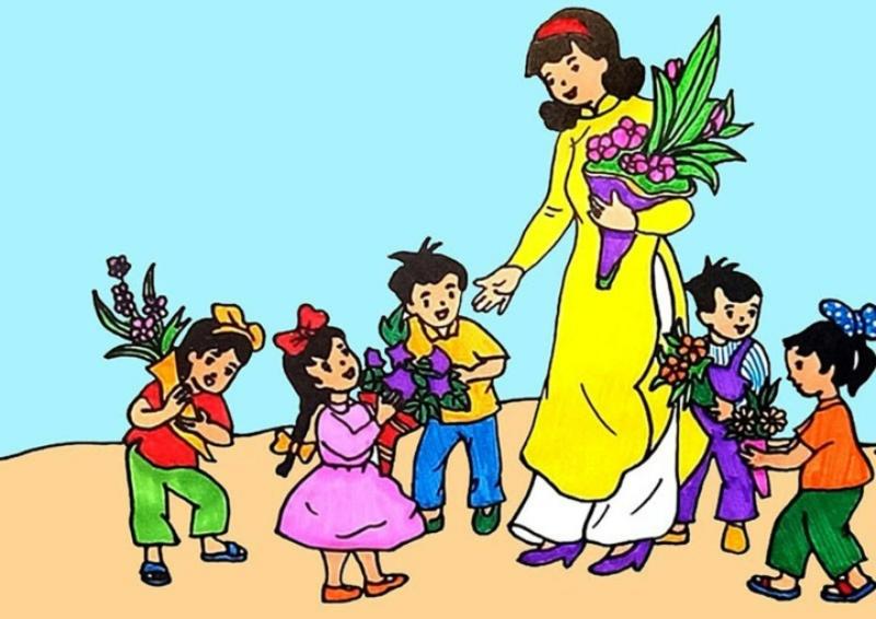 Vẽ tranh 8/3 đẹp và ý nghĩa dành tặng mẹ và cô giáo 15 Cô giáo dịu dàng trong tà áo dài nhận những bó hoa tri ân từ các học trò nhỏ