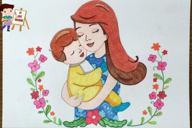 Vẽ tranh 8/3 đẹp và ý nghĩa dành tặng mẹ và cô giáo 7 Nét vẽ dịu dàng tái hiện công lao thầm lặng của mẹ, được bao bọc bởi vòng hoa tươi tắn