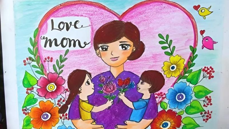 Vẽ tranh 8/3 đẹp và ý nghĩa dành tặng mẹ và cô giáo 9 Trái tim lớn là biểu tượng của tình yêu thương vô bờ bến dành cho người mẹ
