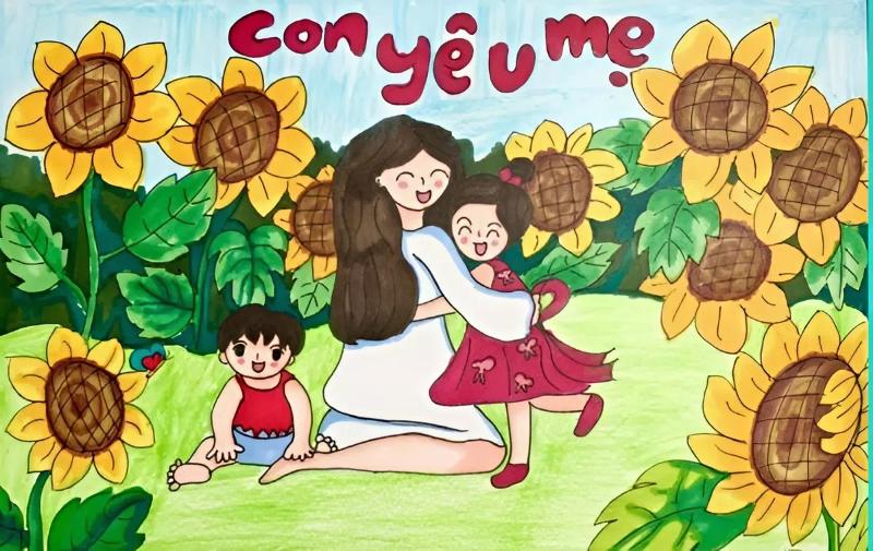 Vẽ tranh 8/3 đẹp và ý nghĩa dành tặng mẹ và cô giáo 11 Bức tranh gia đình hạnh phúc rực rỡ dưới ánh mặt trời của những bông hoa hướng dương