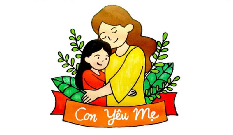 Vẽ tranh 8/3 đẹp và ý nghĩa dành tặng mẹ và cô giáo 12 Hình ảnh mẹ và con đơn giản, tập trung vào dòng chữ "Con Yêu Mẹ" đầy ý nghĩa