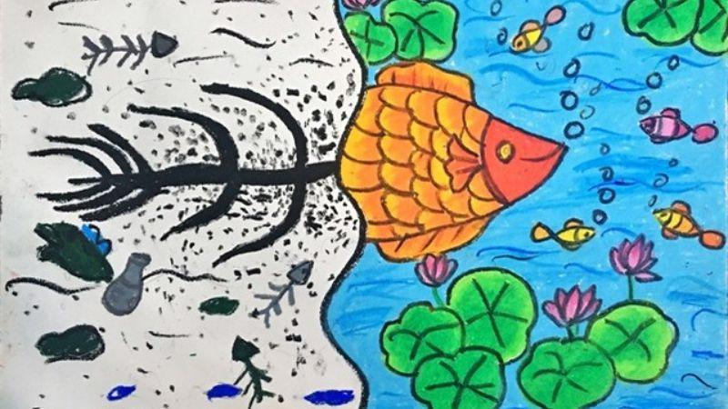 Vẽ tranh biến đổi khí hậu: Ý nghĩa, chủ đề & thông điệp xanh 18 Bức vẽ tranh biến đổi khí hậu về môi trường nước này cảnh báo về sự ô nhiễm, thể hiện sự đối lập giữa hệ sinh thái dưới nước khỏe mạnh và nguồn nước bị hủy hoại