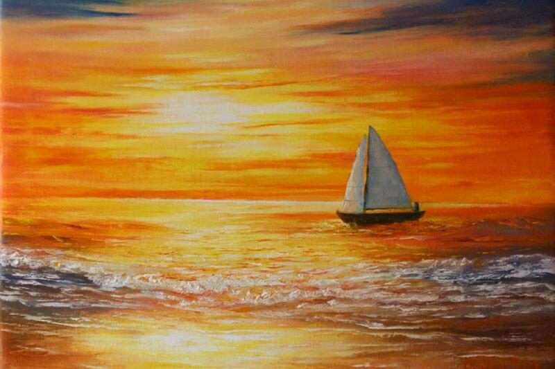 Tranh Bình Minh – Ý Nghĩa, phong thủy & Cách treo chuẩn 2 Tranh bình minh sơn dầu khắc họa thuyền buồm ra khơi, biểu tượng cho sự khởi đầu và khát vọng thành công