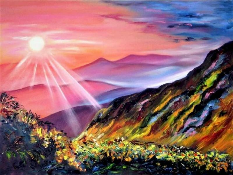 Tranh Bình Minh – Ý Nghĩa, phong thủy & Cách treo chuẩn 7 Tranh bình minh phong cảnh núi non, tượng trưng cho sự sinh sôi phát triển, an yên và hài hòa