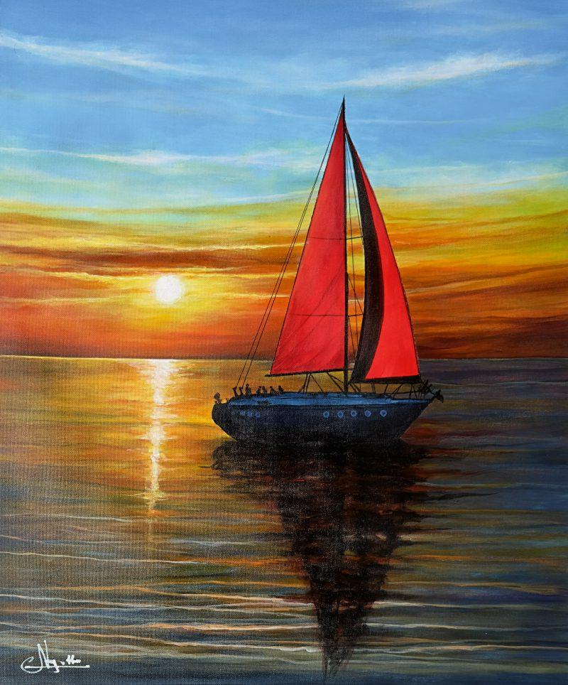 Tranh Bình Minh – Ý Nghĩa, phong thủy & Cách treo chuẩn 3 Tranh bình minh với cánh buồm đỏ thắm, tượng trưng cho dương khí, sinh khí và may mắn trong phong thủy