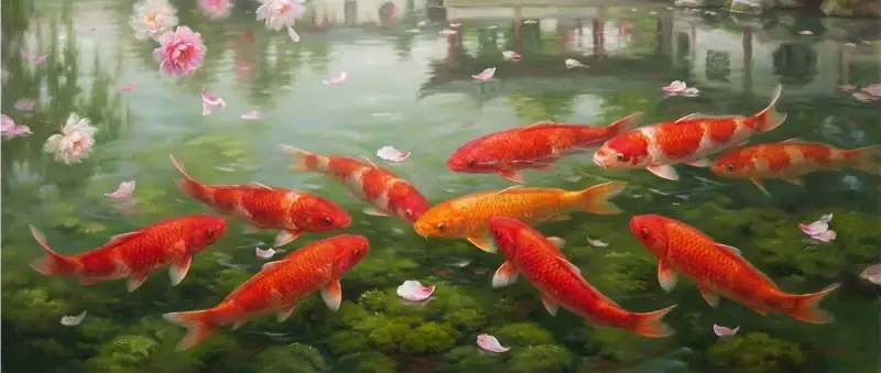 Tranh Cửu Ngư Quần Hội là gì? bảng giá cách chọn và treo 10 Cửu ngư bên hồ sen tĩnh lặng, cánh hoa rơi