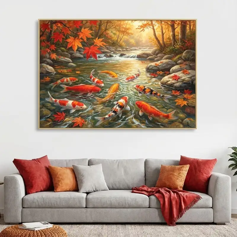 Tranh Cửu Ngư Quần Hội là gì? bảng giá cách chọn và treo 15 Tranh Cửu Ngư Quần Hội giữa suối mùa thu, lá phong đỏ