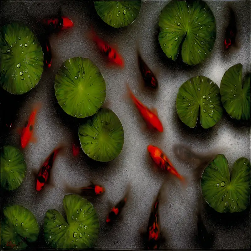 Tranh Cửu Ngư Quần Hội là gì? bảng giá cách chọn và treo 11 Cửu ngư bơi cạnh tán sen xanh, mặt hồ yên ả