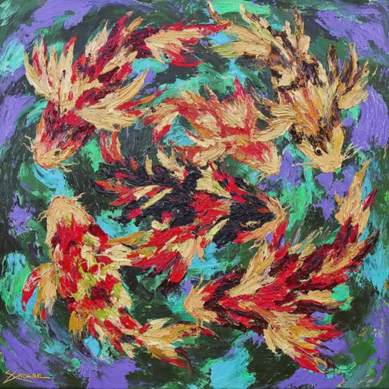 Tranh Cửu Ngư Quần Hội là gì? bảng giá cách chọn và treo 21 Cửu ngư sơn dầu đắp nổi, bảng màu rực rỡ