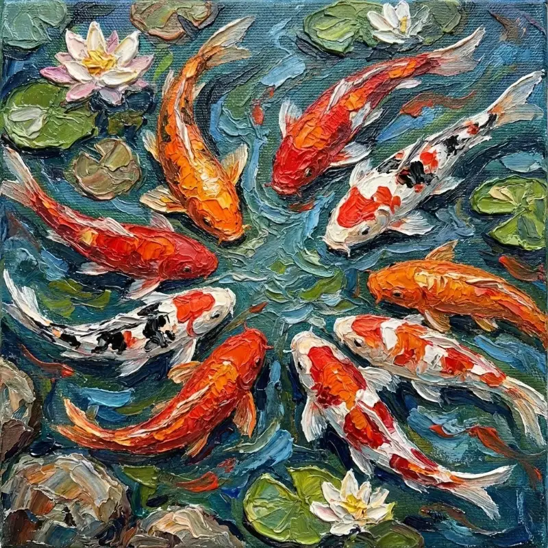 Tranh Cửu Ngư Quần Hội là gì? bảng giá cách chọn và treo 22 Cửu ngư sơn dầu đắp nổi, hoa súng tạo bố cục vòng tròn