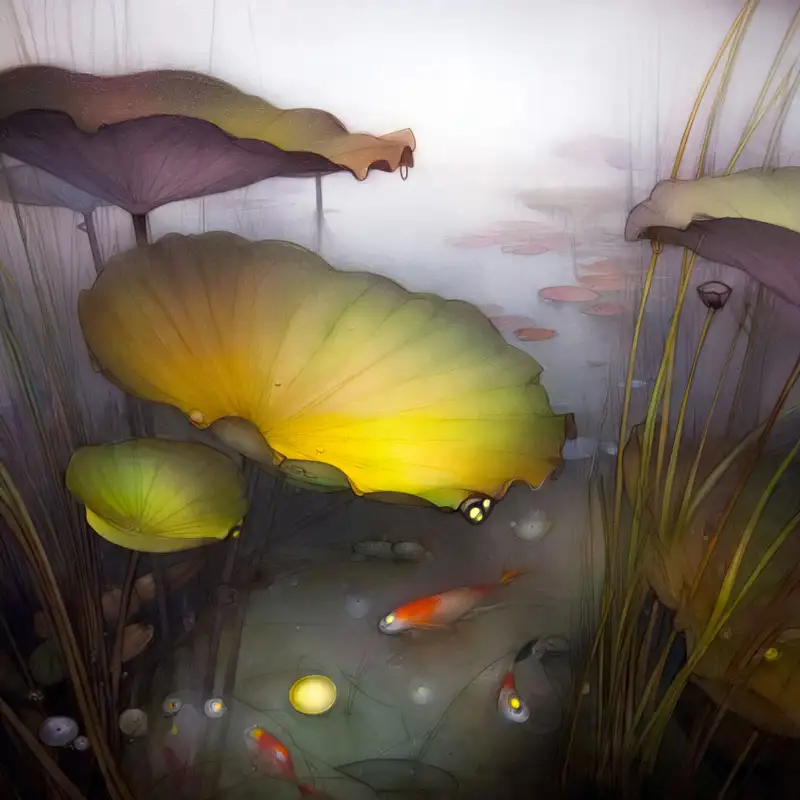 Tranh Cửu Ngư Quần Hội là gì? bảng giá cách chọn và treo 12 Cửu ngư dưới tán lá sen vàng, sương mờ