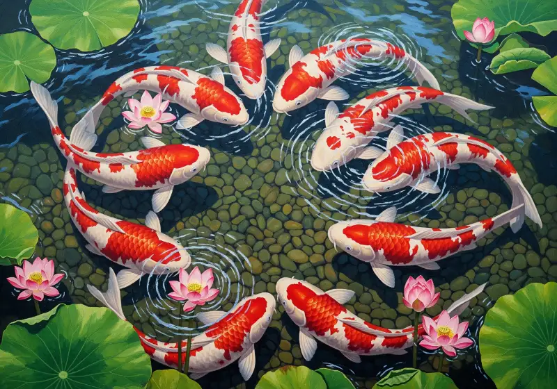 Tranh Cửu Ngư Quần Hội là gì? bảng giá cách chọn và treo 13 Tranh Cửu Ngư Quần Hội tụ hội bên hồ sen thanh tịnh