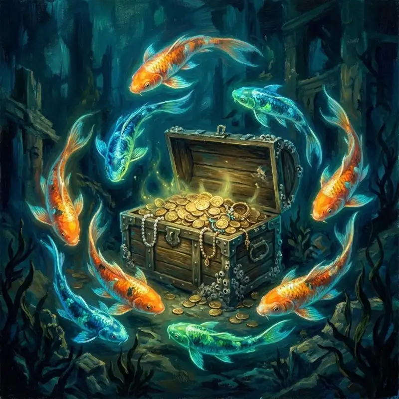 Tranh Cửu Ngư Quần Hội là gì? bảng giá cách chọn và treo 31 Cửu ngư tụ hội quanh rương châu báu dưới biển