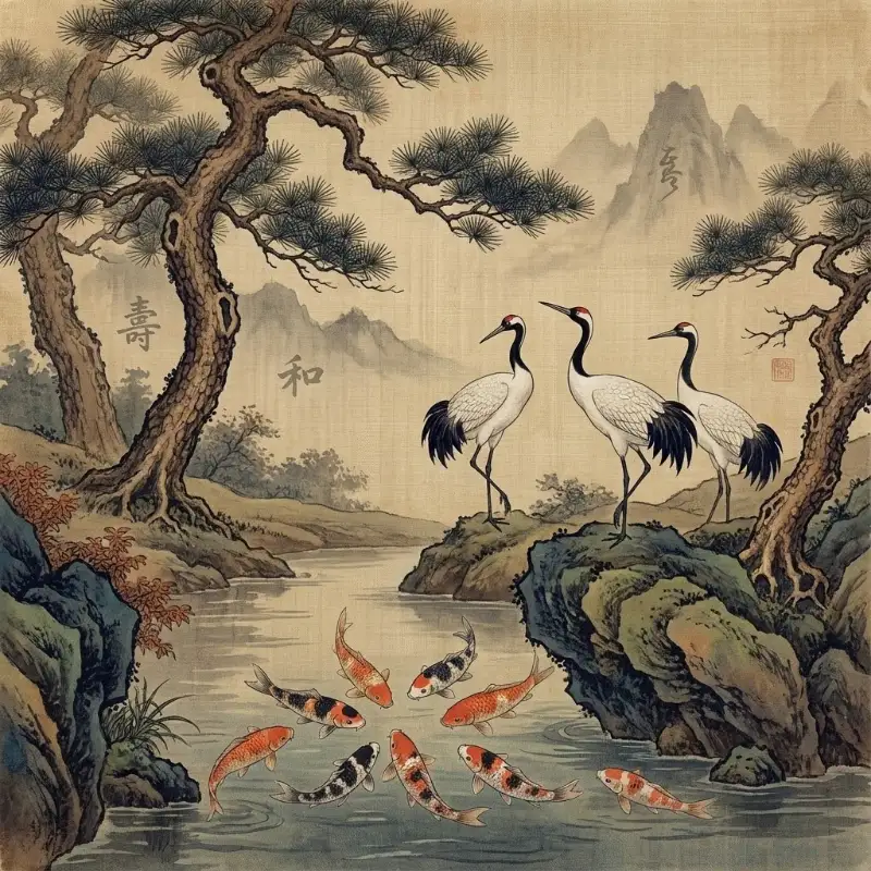 Tranh Cửu Ngư Quần Hội là gì? bảng giá cách chọn và treo 32 Tranh Cửu Ngư Quần Hội kết hợp Tùng Hạc Diên Niên