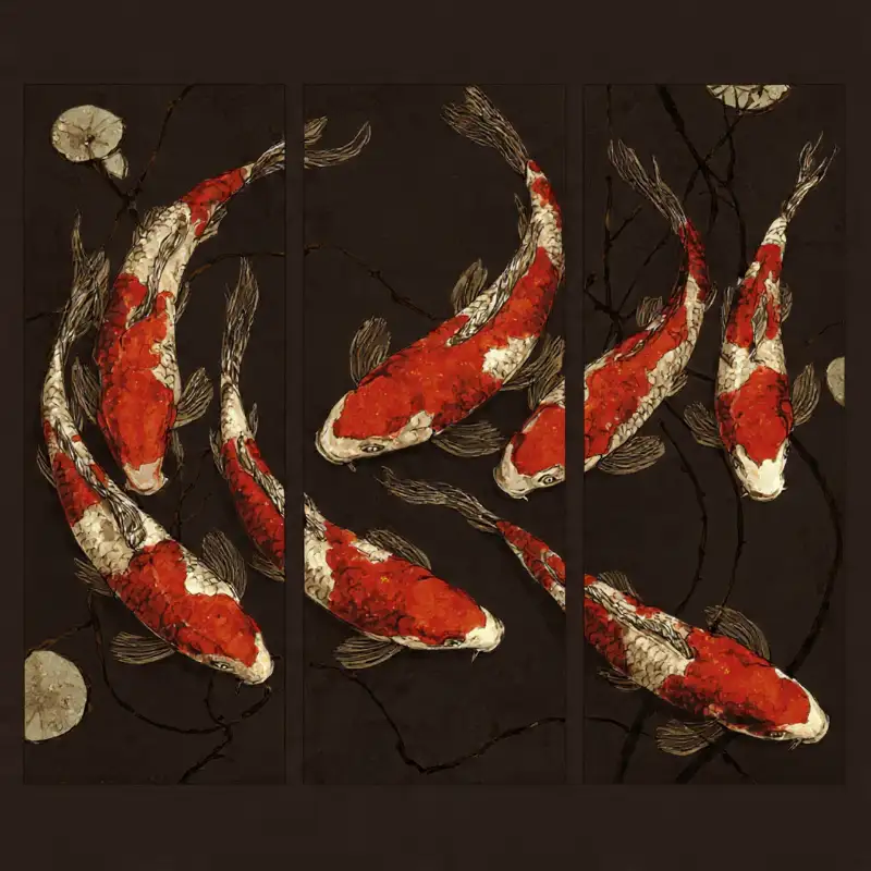 Tranh Cửu Ngư Quần Hội là gì? bảng giá cách chọn và treo 27 Bộ ba tranh cửu ngư, sắc đỏ trên nền đen