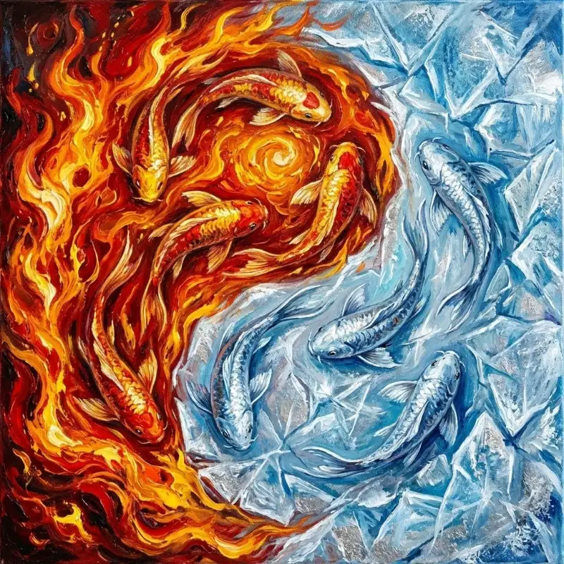 Tranh Cửu Ngư Quần Hội là gì? bảng giá cách chọn và treo 28 Cửu ngư tương phản lửa đỏ và băng xanh