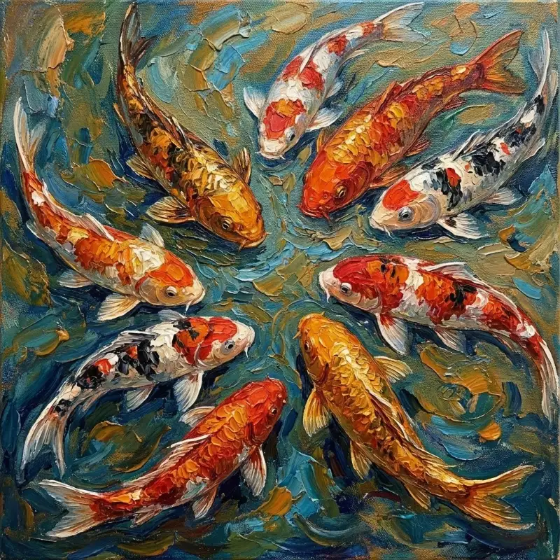 Tranh Cửu Ngư Quần Hội là gì? bảng giá cách chọn và treo 23 Cửu ngư sơn dầu đắp nổi, bút pháp mạnh mẽ